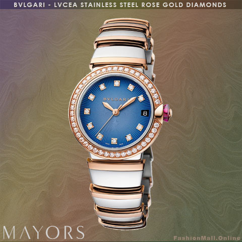 BVLGARI LVCEA Stainless Steel Rose Gold Diamonds Blue Dial