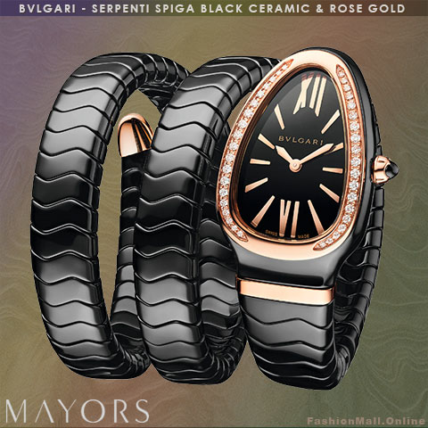 BVLGARI Serpenti Spiga in black Ceramic case and double twist bracelet with Rose Gold accents and Diamonds bezel, black dial.