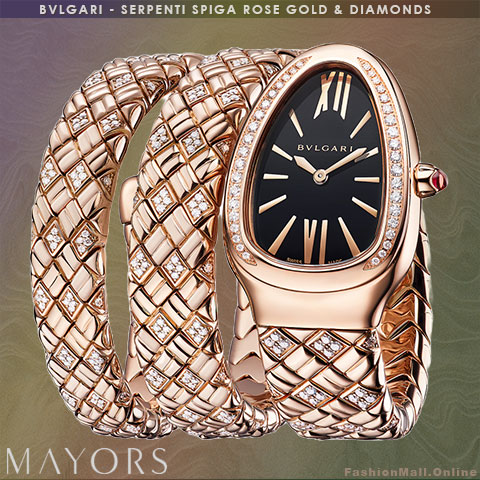 BVLGARI Serpenti Spiga 18k Rose Gold and Diamonds with a double twist bracelet, a black sunrays dial, diamonds bezel, roman numerals.