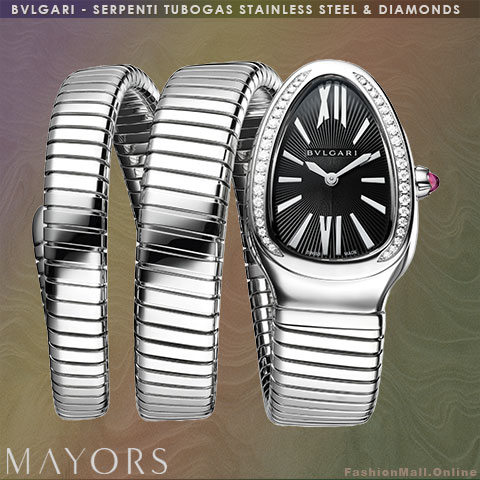 BVLGARI Serpenti Tubogas steel and diamonds double spiral black dial