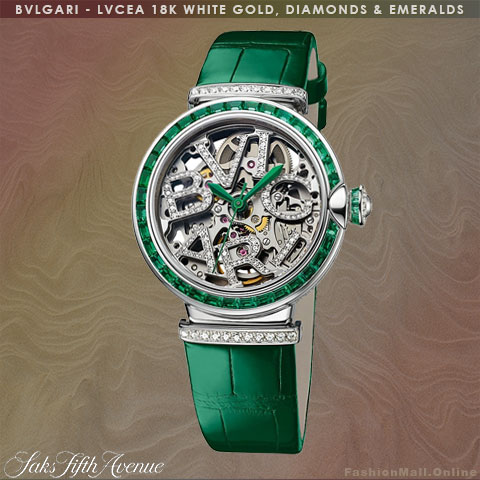 BULGARI LVCEA watch in 18K white gold with diamonds and emeralds, skeleton dial green alligator leather band.