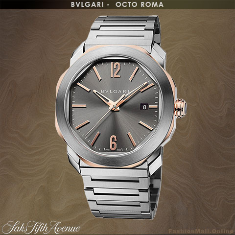 Men's BVLGARI OCTO Roma watch in stainless steel with 18K rose gold accents and hour markers and an anthracite dial.