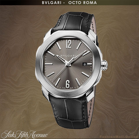 Men's BVLGARI OCTO Roma watch in stainless steel with an anthracite dial and a black alligator strap.