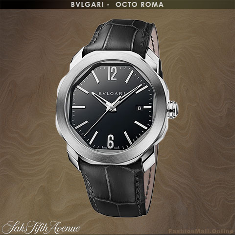 Men's BULGARI OCTO Roma watch in stainless steel with a black anthracite dial and a black alligator strap.