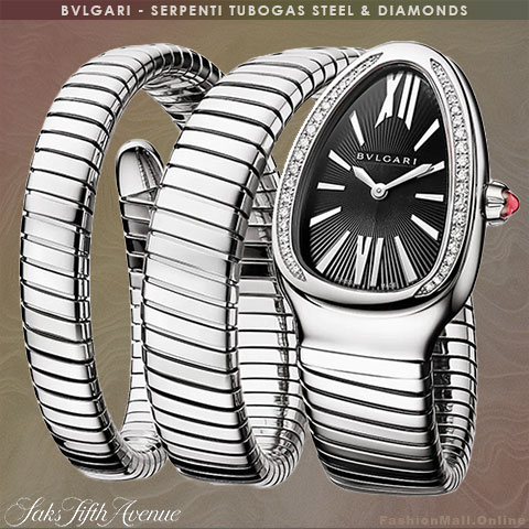 Ladies BULGARI Serpenti Tubogas watch in stainless steel with a double twist bracelet, diamonds bezel and a black dial