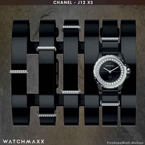 Ladies CHANEL J12 XS black diamonds and leather loops cuff