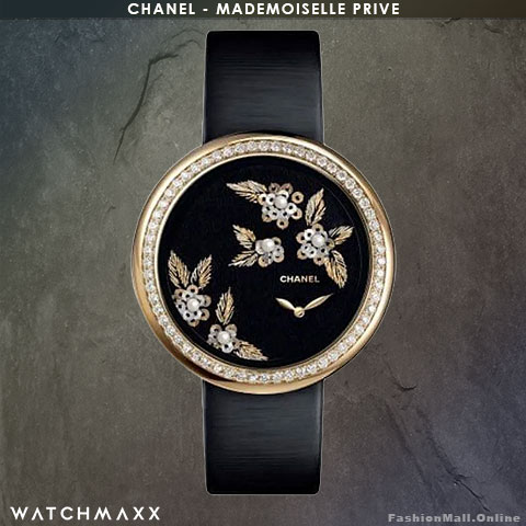 CHANEL Mademoiselle Prive Yellow Gold Diamonds Camellias Spangles Pearls Black Dial