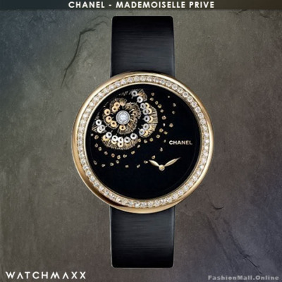 CHANEL Mademoiselle Prive Yellow Gold Diamonds Camellias and Spangles Black Dial