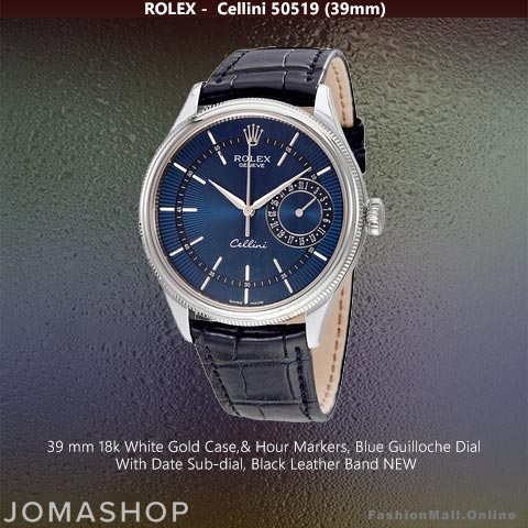 Rolex Cellini 18k White Gold Blue Guilloche Dials Black Leather -NEW
