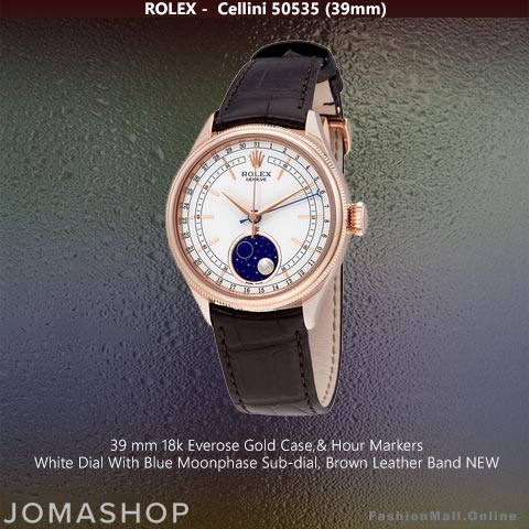 Rolex Cellini Rose Gold White Dial Blue Moonphase Sub-Dial Leather Band -NEW