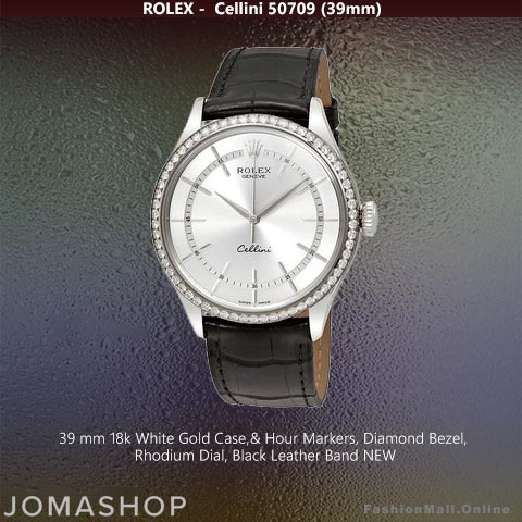 Rolex Cellini White Gold Diamonds Rhodium Dial Black Leather Band -NEW
