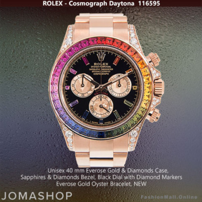 Rolex Daytona Rose Gold Diamonds Rainbow Sapphires Black Dial Unisex - NEW