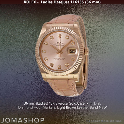 Ladies Rolex Datejust Rose Gold Diamonds Pink Dial Leather Strap, NEW