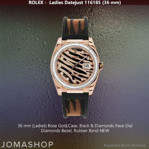 Ladies Rolex Datejust Rose Gold & Diamonds Zebra Dial Rubber Band, NEW