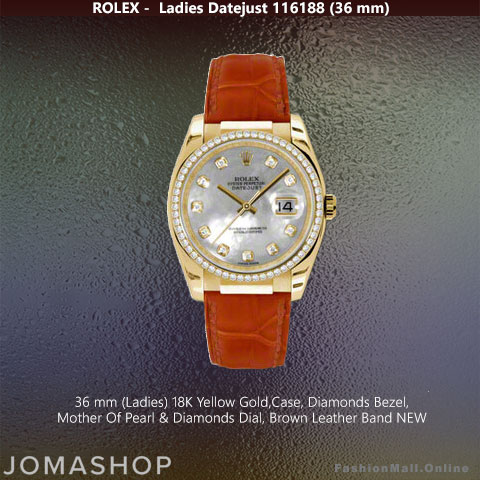Ladies Rolex Datejust Yellow Gold Diamonds Mother Of Pearl Dial Orange Leather, NEW
