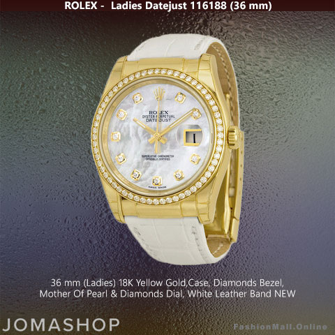 Ladies Rolex Datejust Yellow Gold Diamonds Mother Of Pearl Dial Leather, NEW