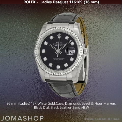 Ladies Rolex Datejust White Gold & Diamonds Black Dial Leather, NEW