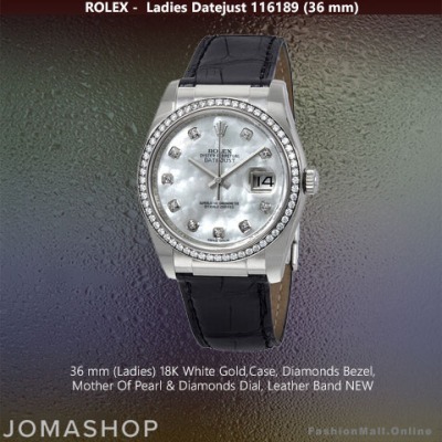 Ladies Rolex Datejust White Gold & Diamonds Mother Of Pearl Dial Leather, NEW