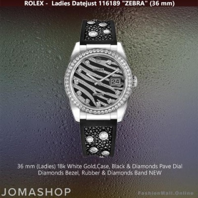 Ladies Rolex Datejust Zebra White Gold & Diamonds Zebra Dial Rubber Band, NEW