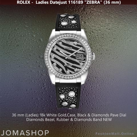 Ladies Rolex Datejust Zebra White Gold & Diamonds Zebra Dial Rubber Band, NEW