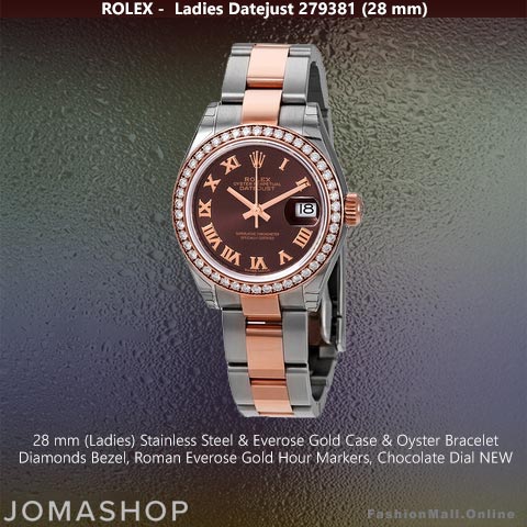 Ladies Rolex Datejust Steel Rose Gold Diamonds Chocolate Dial Roman, NEW