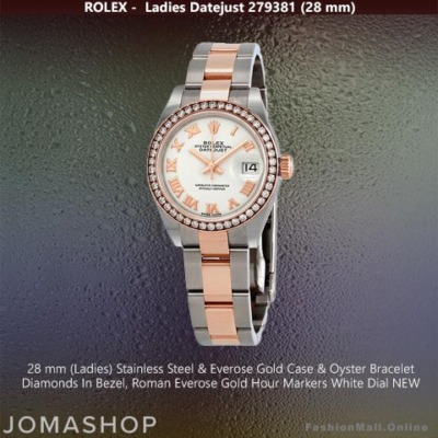 Ladies Rolex Datejust Steel Rose Gold Diamonds White Dial Roman, NEW