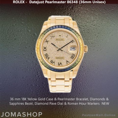 Rolex Datejust Pearlmaster Yellow Gold Sapphires Bezel Diamond Pave Dial - NEW