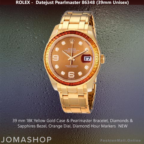 Rolex Pearlmaster Yellow Gold Sapphires Bezel Orange Dial -NEW