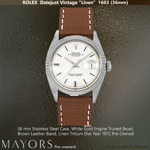 Vintage Rolex Datejust 1603 Steel Linen Dial Brown Leather, 36mm, Stainless Steel Case With Engine Turned Bezel, “Linen” Tritium Dial, Brown Leather Band, Pre-Owned @ MAYORS