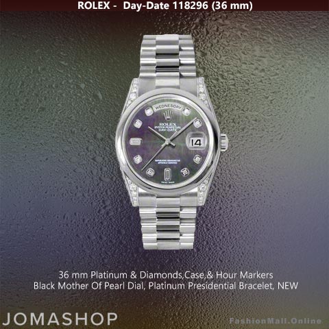 Rolex Day-Date Presidential Platinum Diamonds Black Mother Of Pearl Dial, NEW