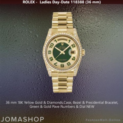 Rolex Day Date President Yellow Gold Diamonds Green Dial 118388, NEW
