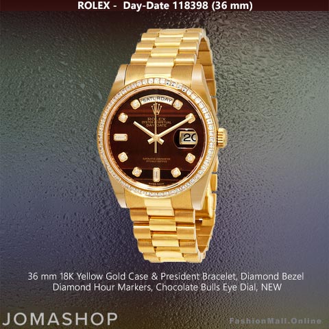Rolex Day-Date Presidential Yellow Gold Diamonds Chocolate Bulls Eye Dial, NEW