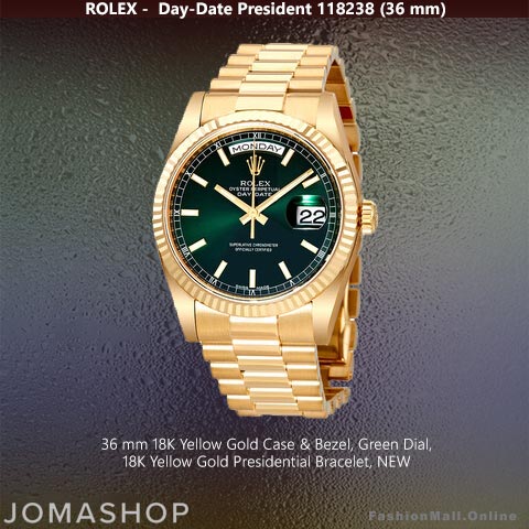 Rolex Day-Date President Yellow Gold Green Dial 118238, NEW