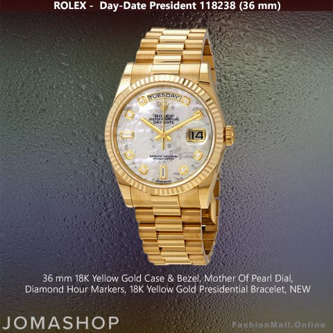 Rolex President Yellow Gold Mother of Pearl Dial 118238, NEW