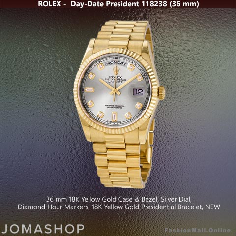 Rolex President Yellow Gold Silver Dial 118238, NEW