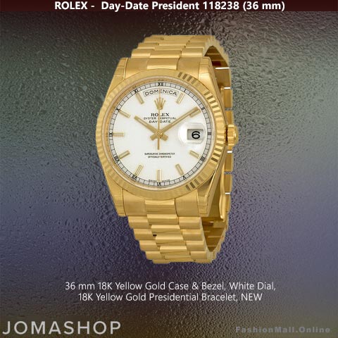 Rolex Day-Date Presidential 36mm Yellow Gold White Dial, NEW