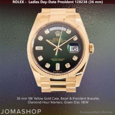 Rolex Day-Date President Yellow Gold Diamonds Green Dial, NEW