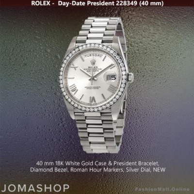 Rolex Day-Date President 40mm White Gold Diamonds Silver Dial, NEW