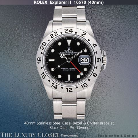 Rolex Explorer II Steel Black Dial 40mm 16570, Stainless Steel Case, Bezel & Oyster Bracelet, Black Dial - Pre Owned  - Several from $7,964 @ The Luxury Closet