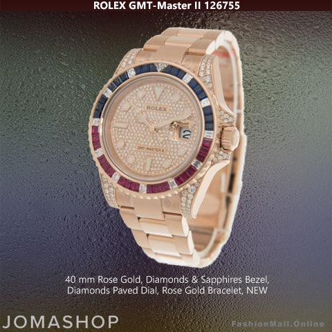 Rolex GMT Master II 126755 Everose Gold Diamonds Sapphires -New