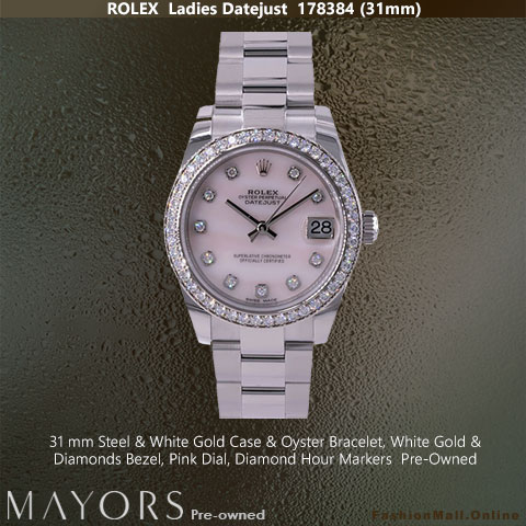 Ladies Rolex Datejust 178384 Steel White Gold Diamonds, Pre-Owned