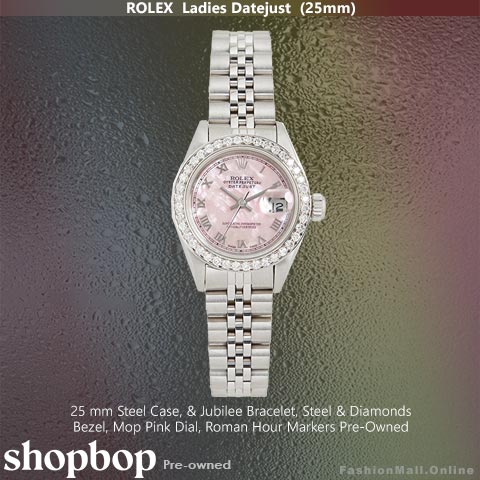 Ladies Rolex Datejust Steel White Gold Diamonds Pink Mother Of Pearl, Pre-Owned
