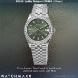 Ladies Rolex Datejust 278384 Steel Diamond Bezel Olive Green Dial, NEW