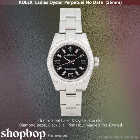 Ladies Rolex Oyster Perpetual Steel Diamonds Bezel Black Dial, Pre-Owned