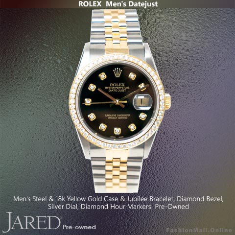 Mens Rolex Datejust Steel Yellow Gold Diamonds Black Dial-Pre Owned