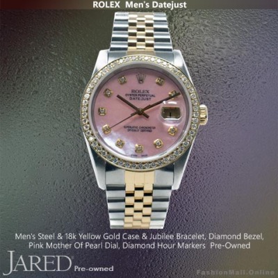 Mens Rolex Datejust Steel Yellow Gold Diamonds Pink Mother Of Pearl Dial-Pre Owned