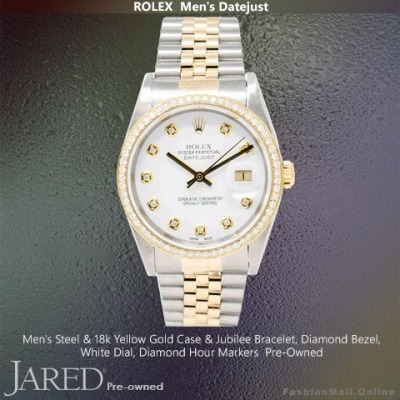 Mens Rolex Datejust Steel Yellow Gold Diamonds White Dial-Pre Owned