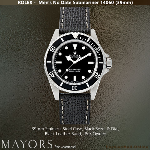 Rolex Submariner No Date 14060 Steel Black Bezel & Dial Leather Band, Pre-Owned