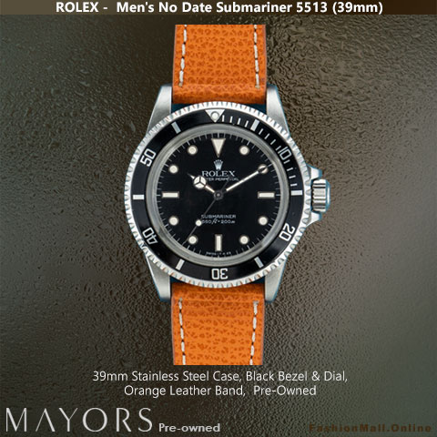 Rolex Submariner No Date Black Bezel & Dial Orange Leather Band 5513, Pre-Owned