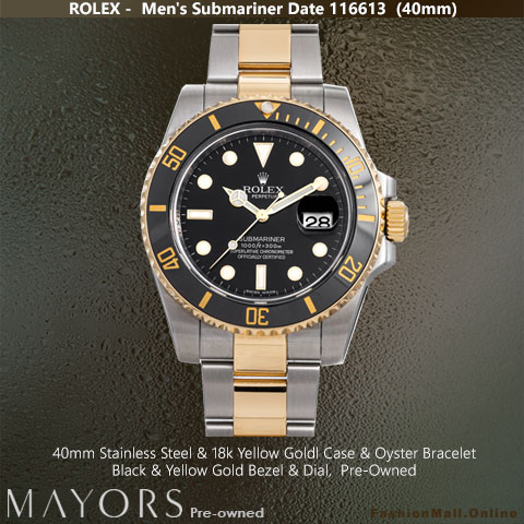 Rolex Submariner 116613 Steel Yellow Gold Black Bezel & Dial, Pre-Owned